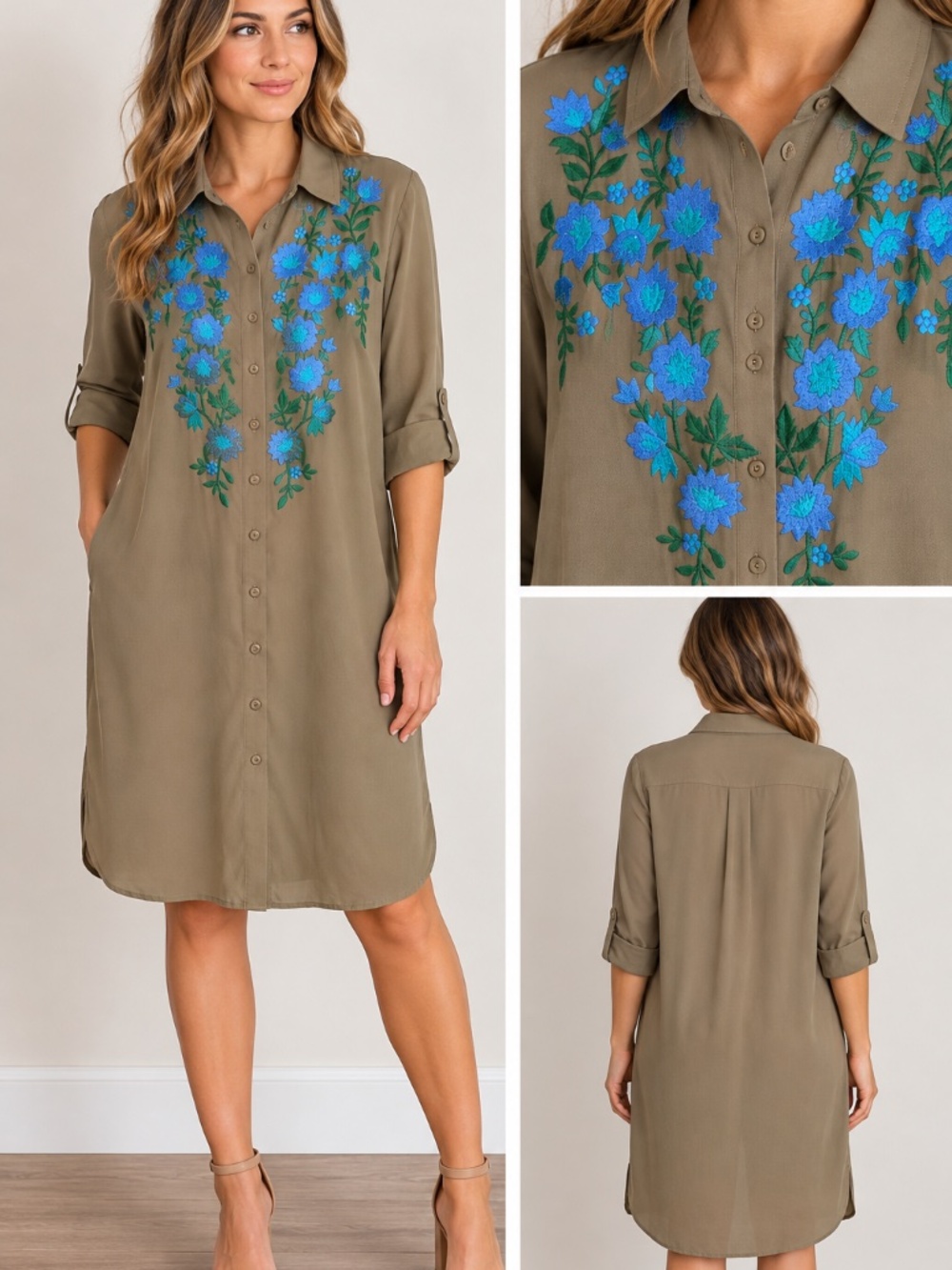NWT L Olive Green Sheer Floral Embroidered Shirt Dress Boho Tunic Button Front